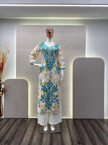 Rayon Chikankari Kurti Palazzo Set (Stitched) - Premium  from Ethenika.com  - Just INR 2190! Shop now at Ethenika.com 