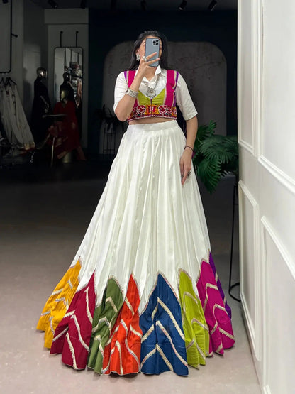 Rayon Multi Color Patch Lace Gamthi Kodi Work White Concept Navratri Special Lehenga Choli (Ready to Wear) Ethenika.com