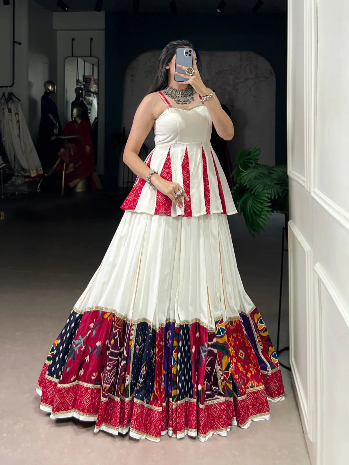 Rayon Patch Lace Work with Bandhani Print White Concept Navratri Garba Special Lehenga Choli (Ready to Wear) Ethenika.com