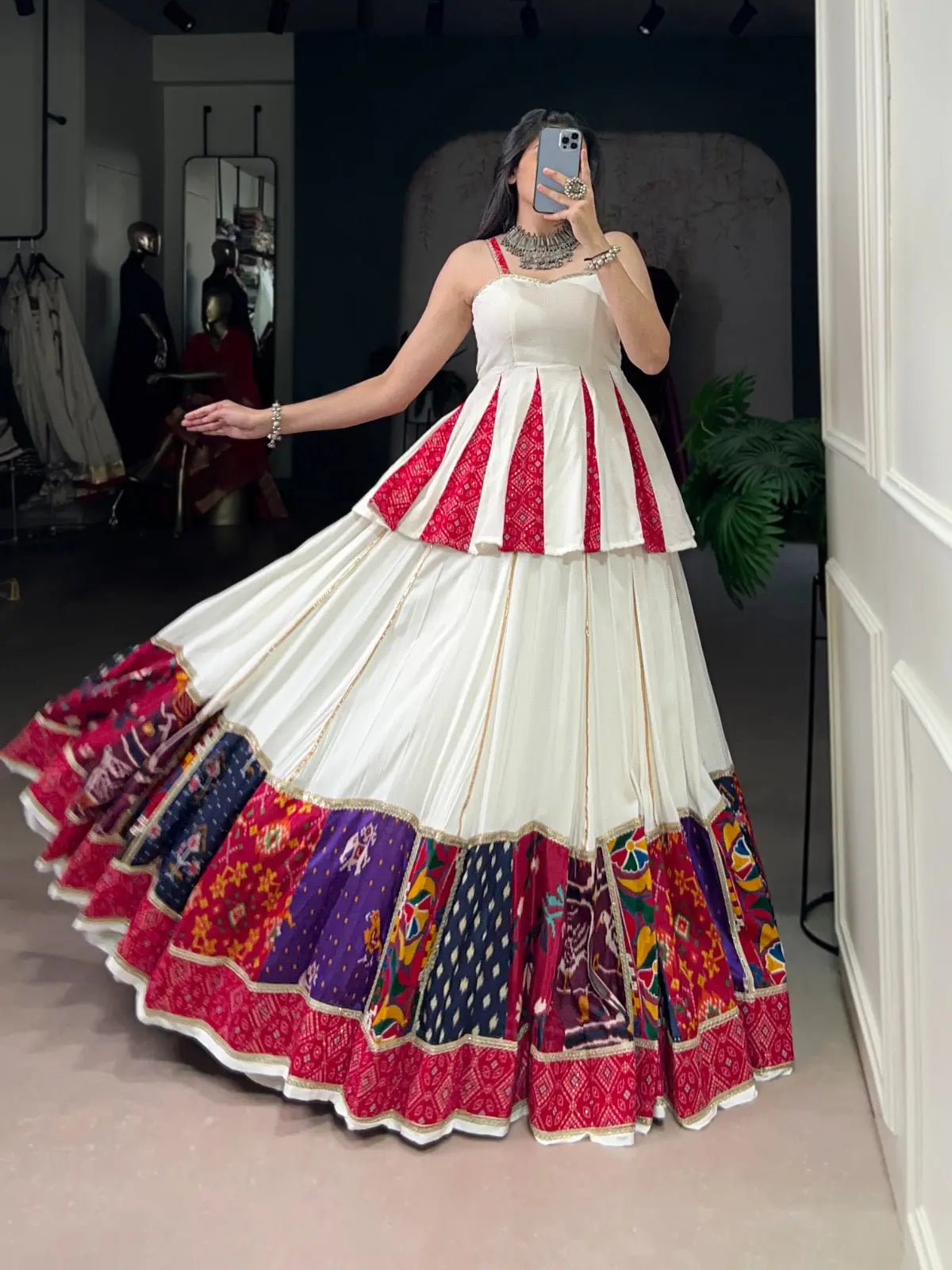 Rayon Patch Lace Work with Bandhani Print White Concept Navratri Garba Special Lehenga Choli (Ready to Wear) Ethenika.com
