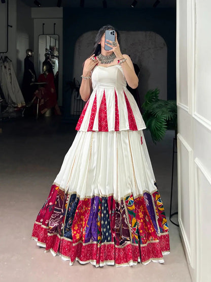 Rayon Patch Lace Work with Bandhani Print White Concept Navratri Garba Special Lehenga Choli (Ready to Wear) Ethenika.com