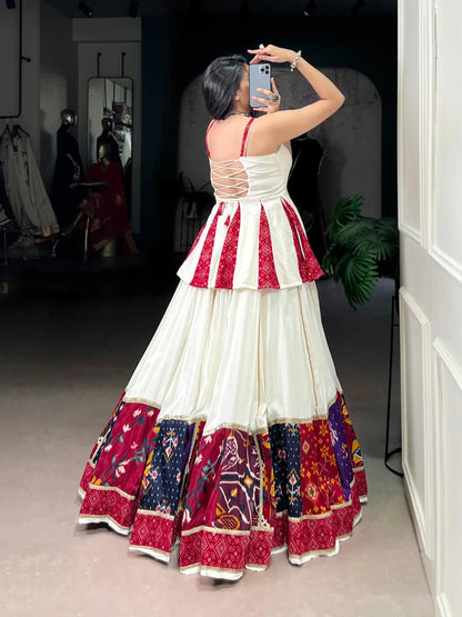Rayon Patch Lace Work with Bandhani Print White Concept Navratri Garba Special Lehenga Choli (Ready to Wear) Ethenika.com