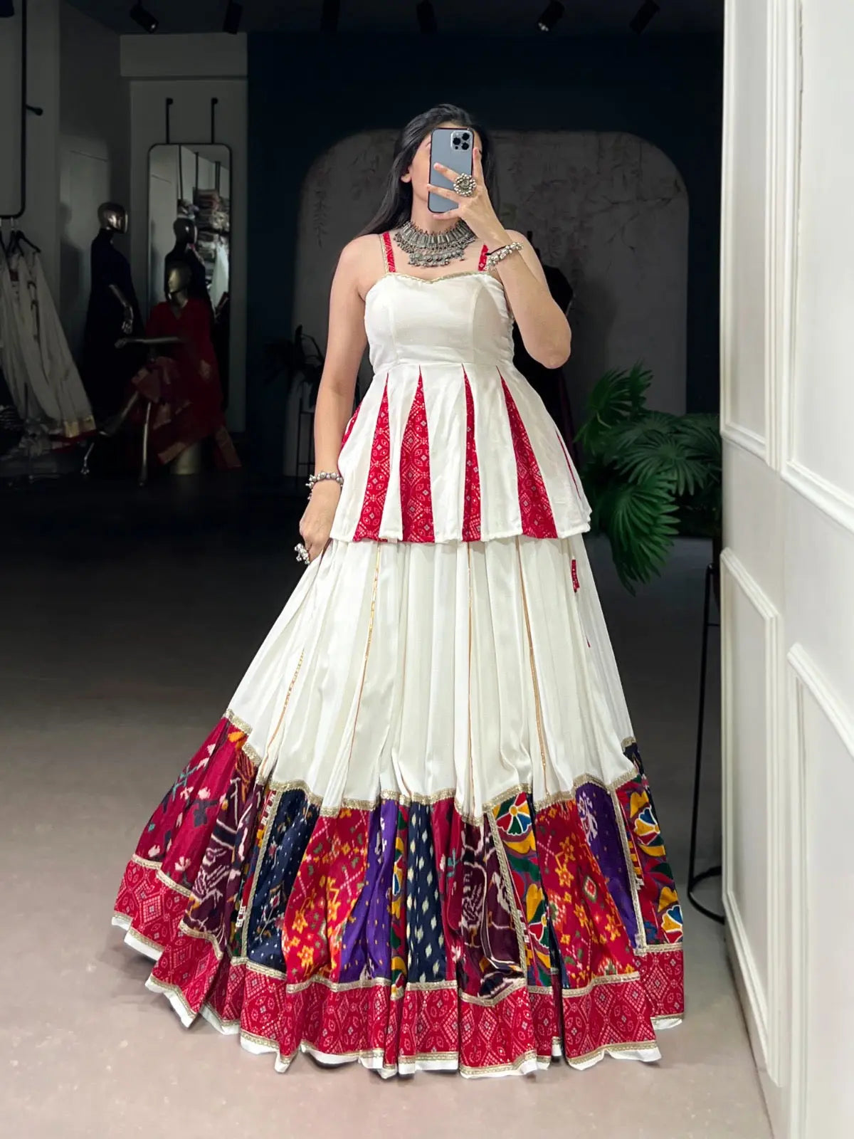 Rayon Patch Lace Work with Bandhani Print White Concept Navratri Garba Special Lehenga Choli (Ready to Wear) Ethenika.com