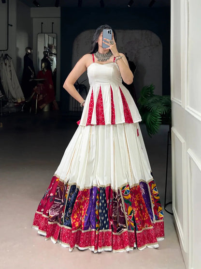 Rayon Patch Lace Work with Bandhani Print White Concept Navratri Garba Special Lehenga Choli (Ready to Wear) Ethenika.com