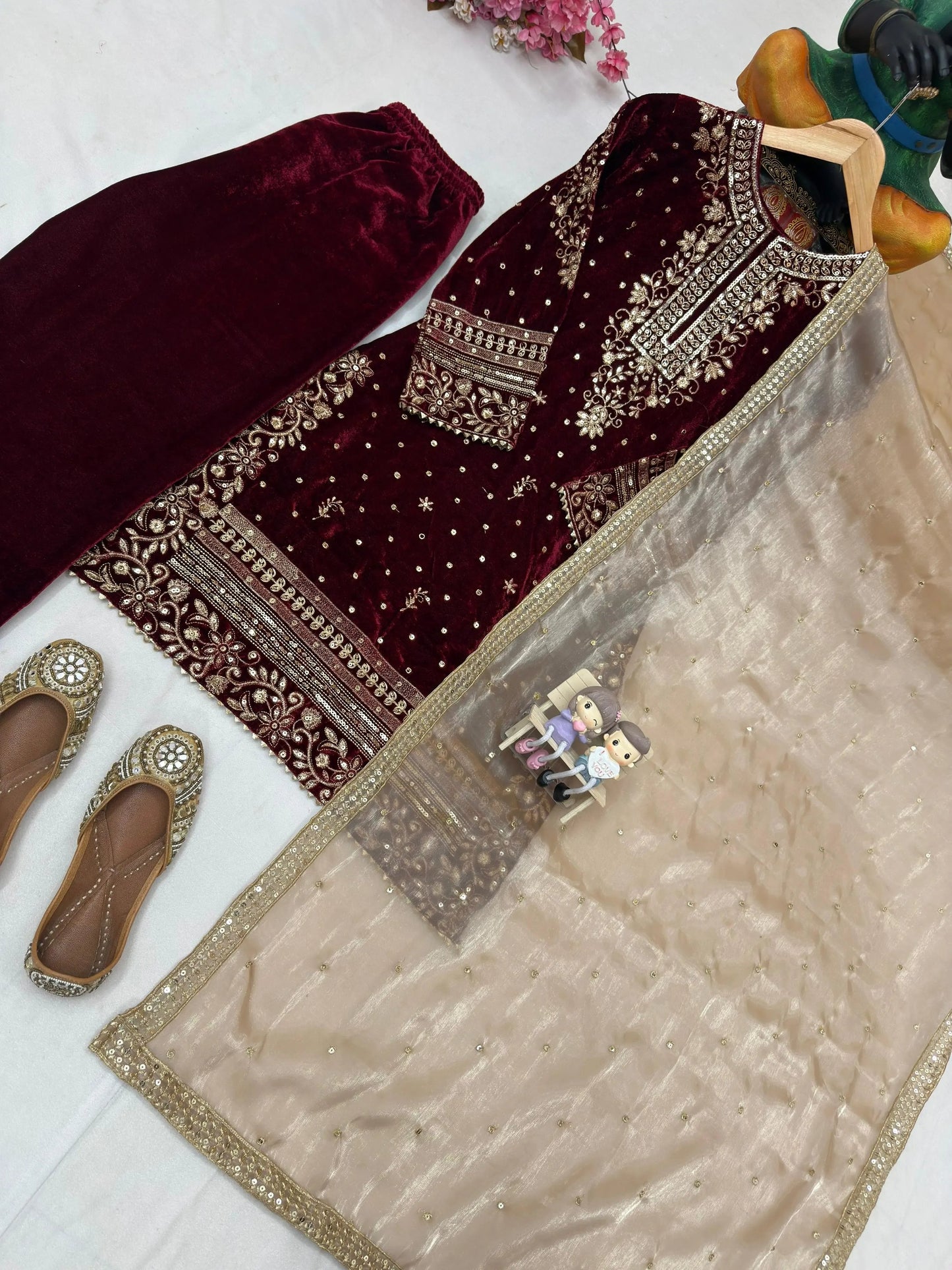 Real Moti Work with Sequence Embroidery Designer Velvet Kurti Pant Dupatta Set (Ready to Wear) Ethenika.com