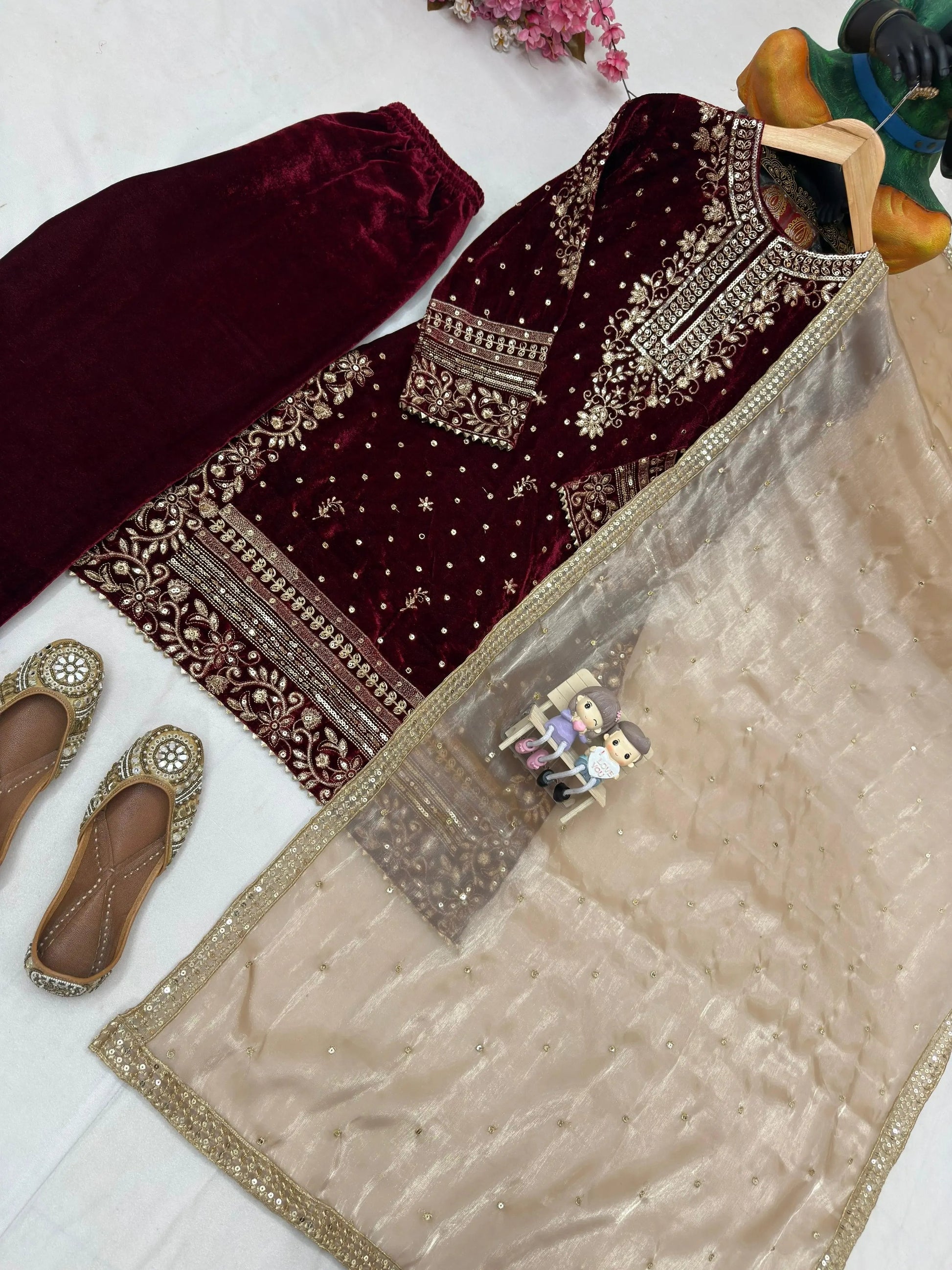 Real Moti Work with Sequence Embroidery Designer Velvet Kurti Pant Dupatta Set (Ready to Wear) Ethenika.com