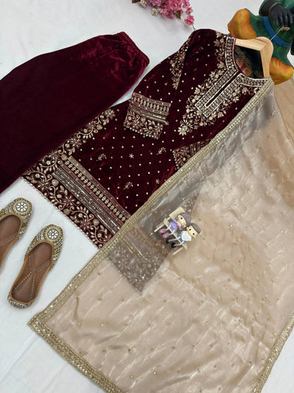Real Moti Work with Sequence Embroidery Designer Velvet Kurti Pant Dupatta Set (Ready to Wear) Ethenika.com