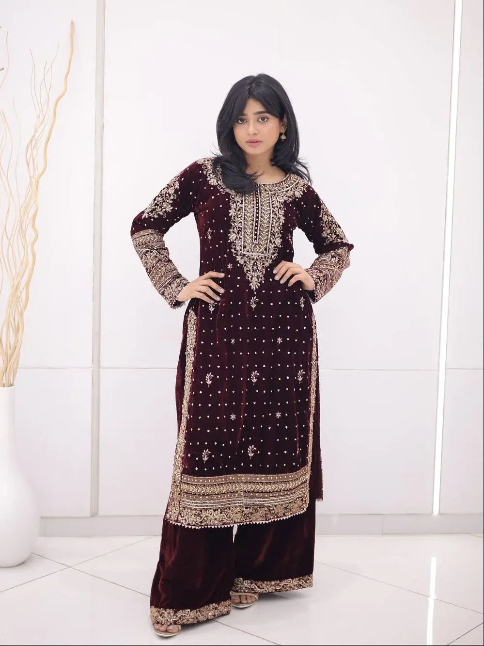 Real Moti Work with Sequence Embroidery Designer Velvet Kurti Pant Dupatta Set (Ready to Wear) Ethenika.com