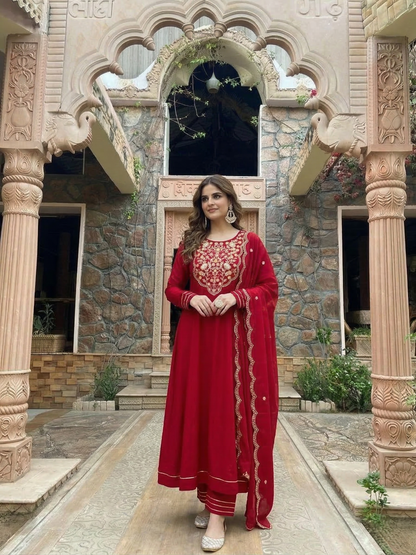 Red Cotton Embroidered Anarkali Suit Set with Dupatta for Women