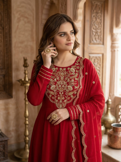 Red Cotton Embroidered Anarkali Suit Set with Dupatta for Women