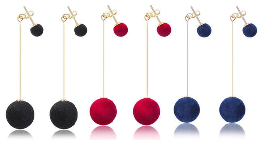 Combo of Red, Blue and Black Plush Ball Dangle and Drop Earring
