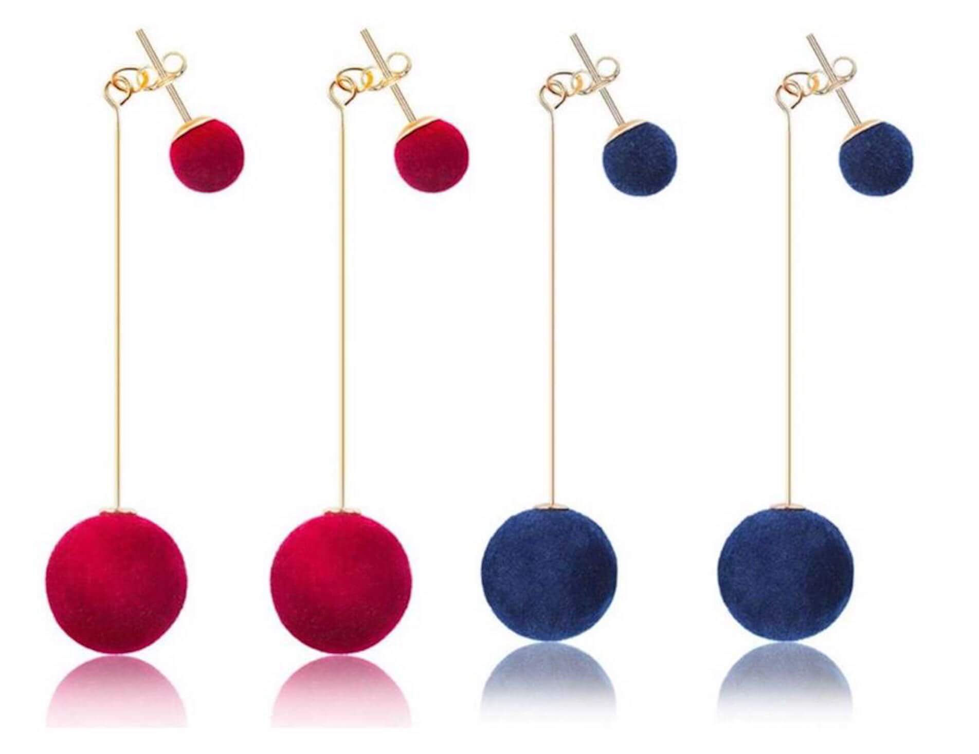 Combo of Red and Blue Plush Ball Drop Earring Velvet Round Earring