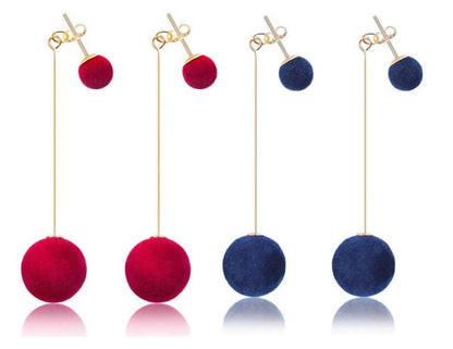 Combo of Red and Blue Plush Ball Drop Earring Velvet Round Earring