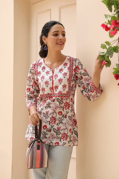 Red Cotton Floral Design Top