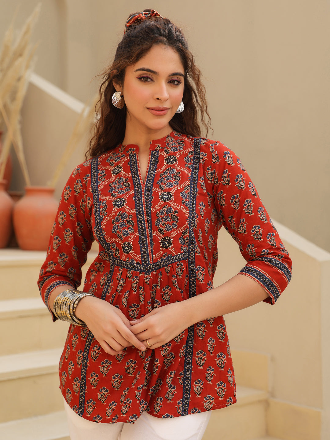 Red Cotton Mandarin Neck Top