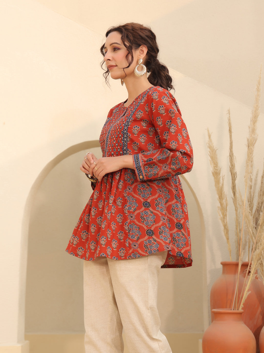Red Cotton Print Top