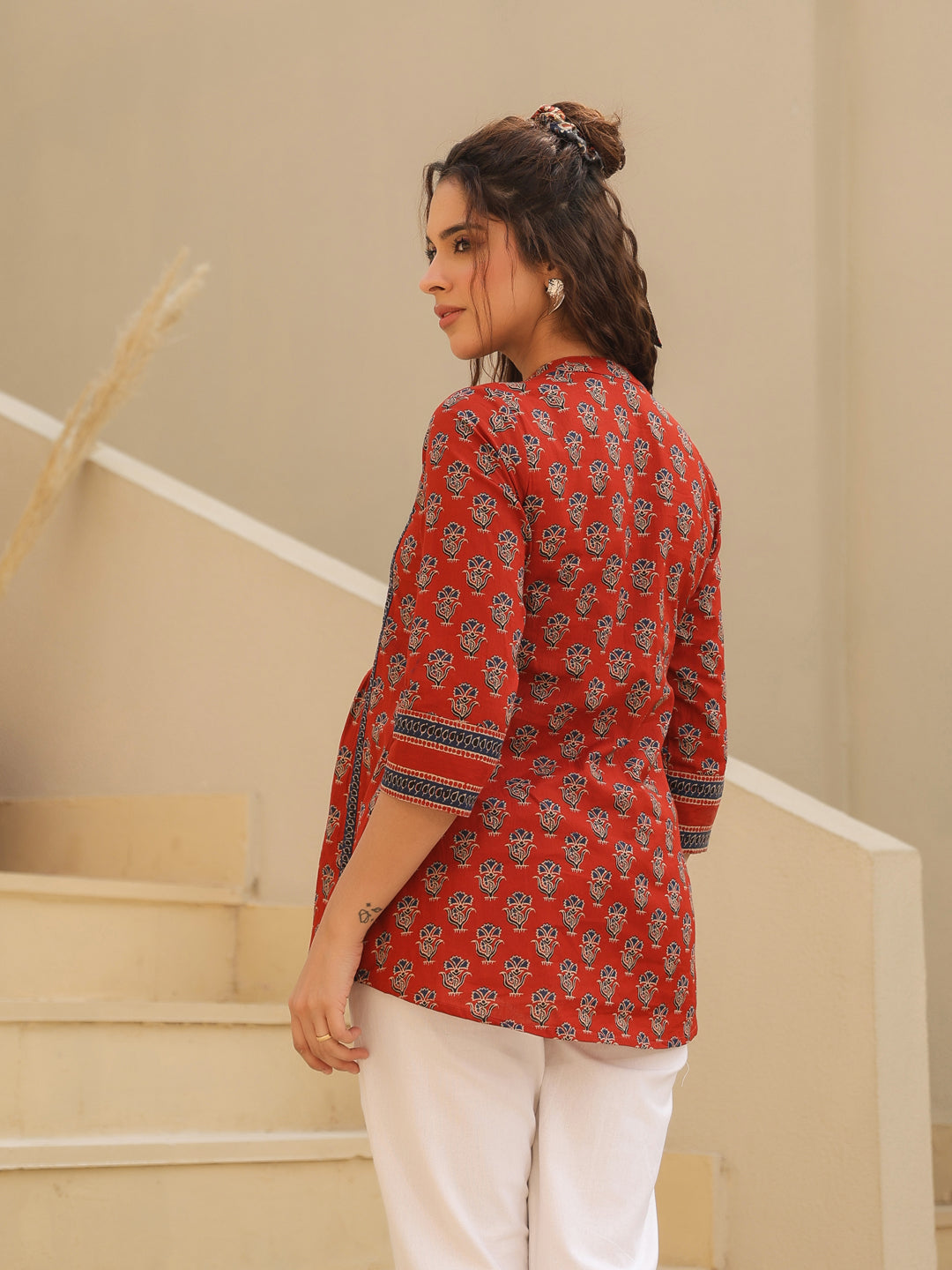 Red Cotton Shirt Style Top