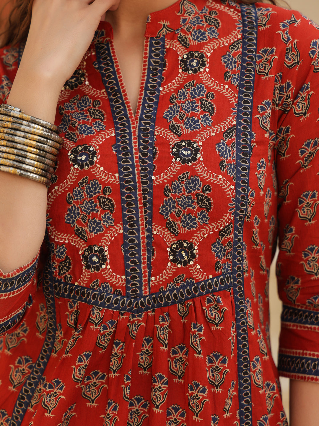 Red Ethnic Print Collar Top