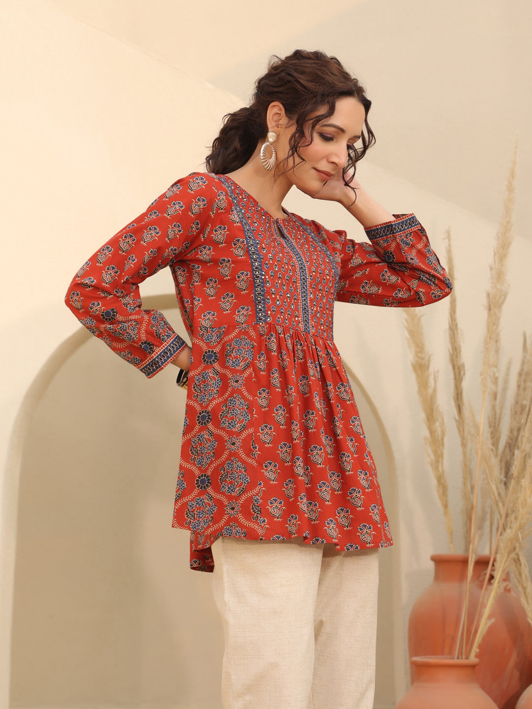 Red Ethnic Print Cotton Top