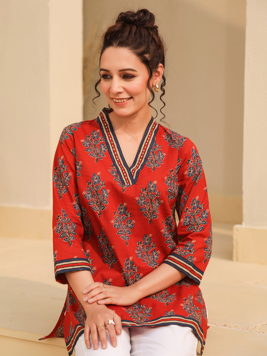 Red Handblock Ajrakh Top