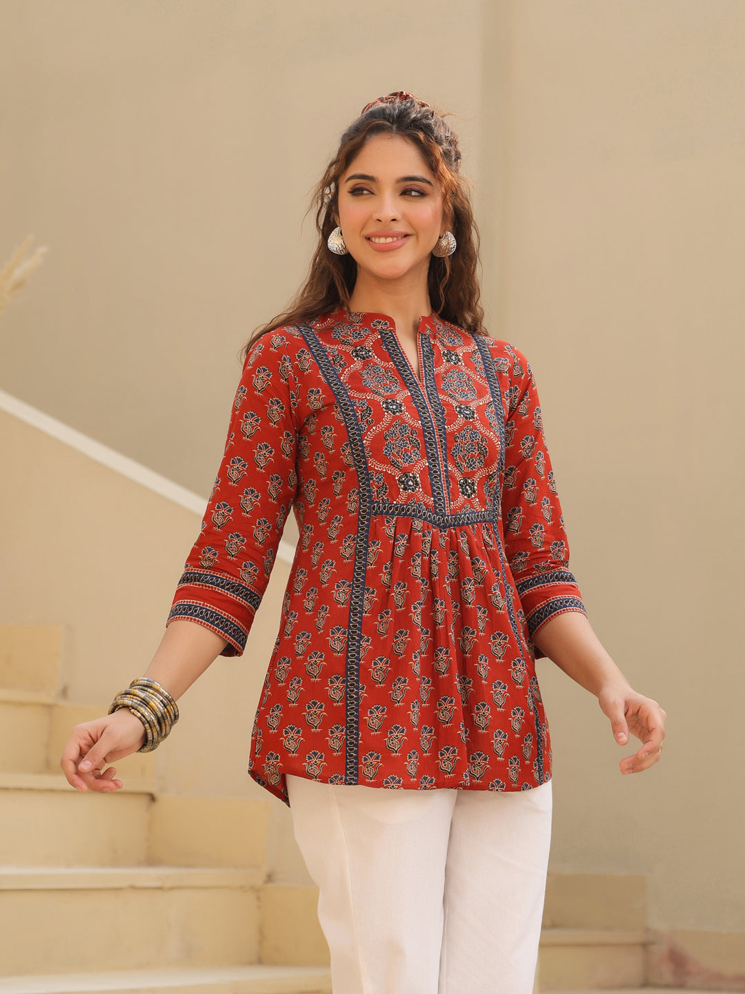 Red Printed Mandarin Collar Top