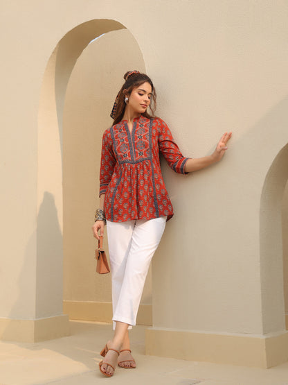 Red Printed Office Wear Top