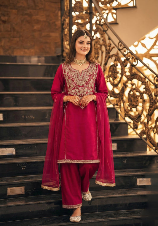 Red Silk Embroidered Anarkali Kurta Set with Dupatta