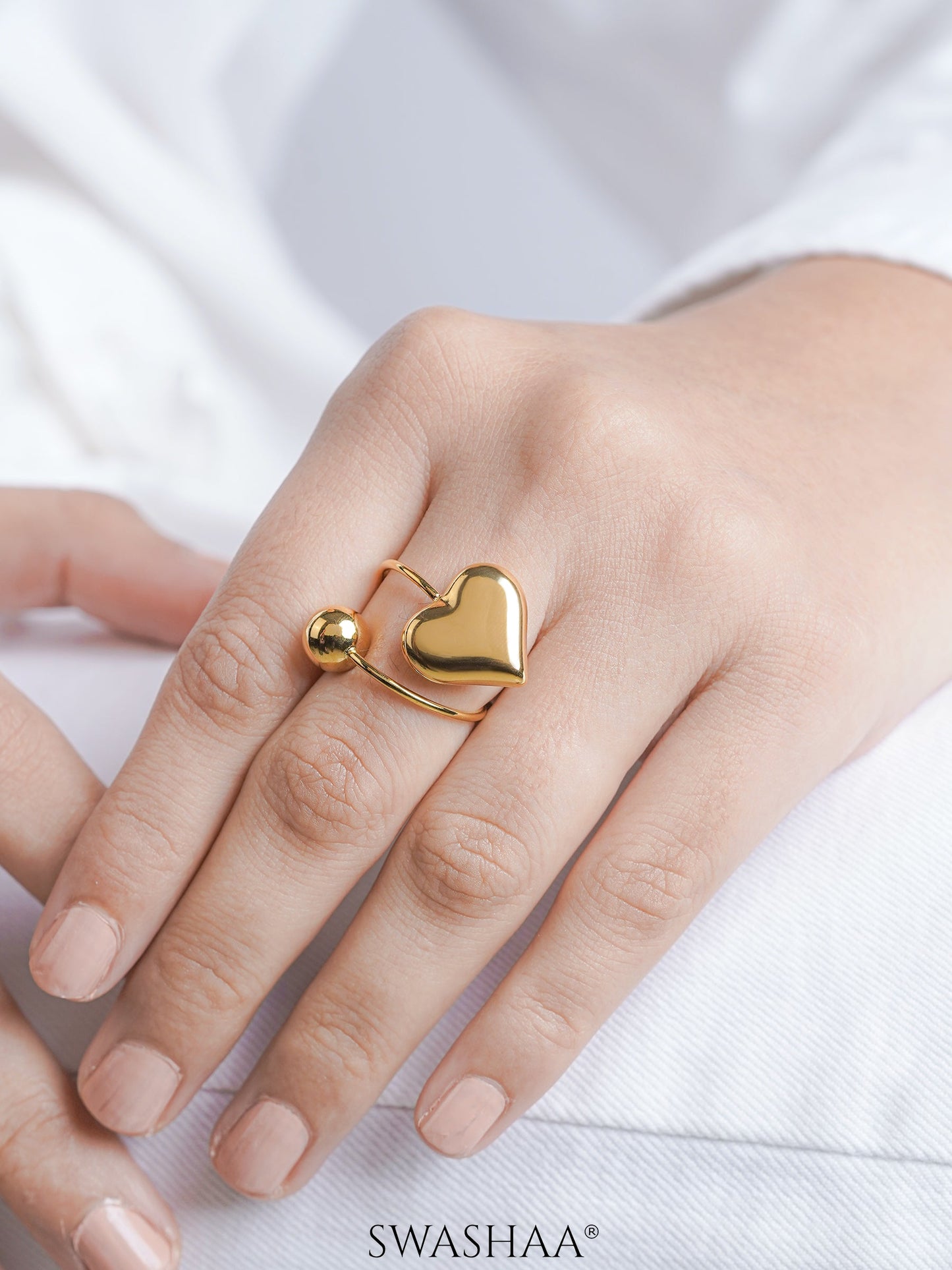 Reemi Puffed Glossy Heart Charm Round Bead 18K Gold Plated Ring