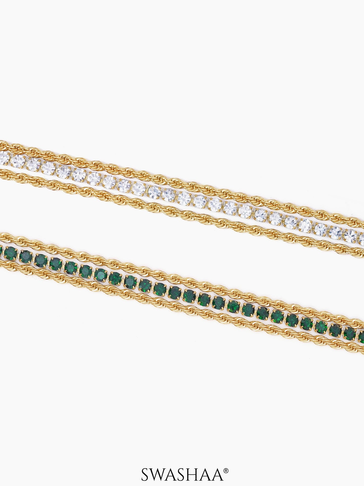 Reya White-Green Diamond Charms Layered Rope 18K Gold Plated Loose Bracelet