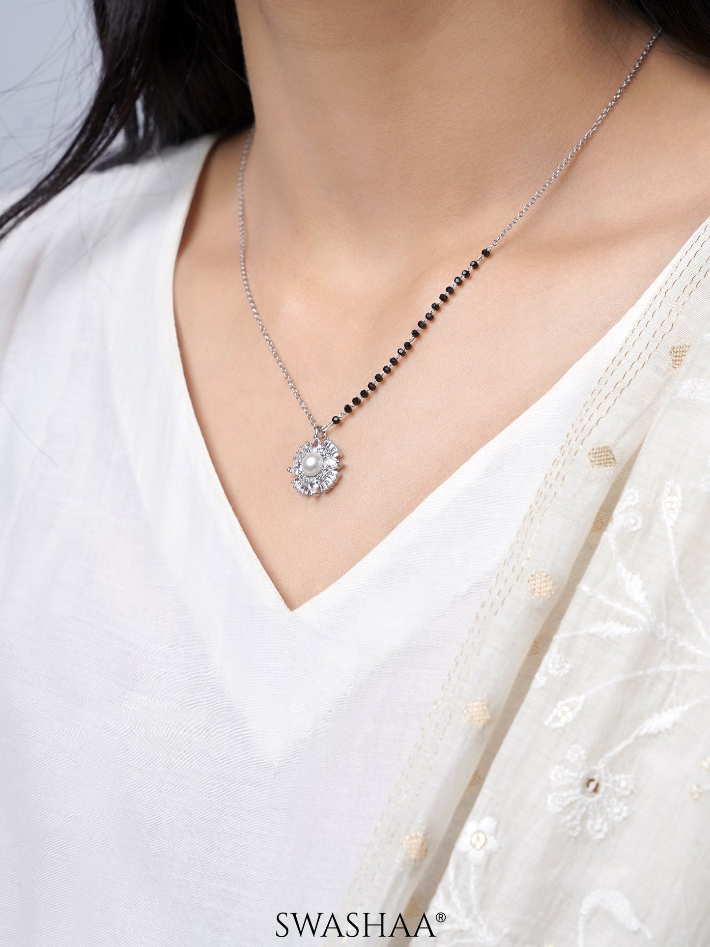 Riddhi Flower Pearl Diamond Pendant Silver Mangalsutra