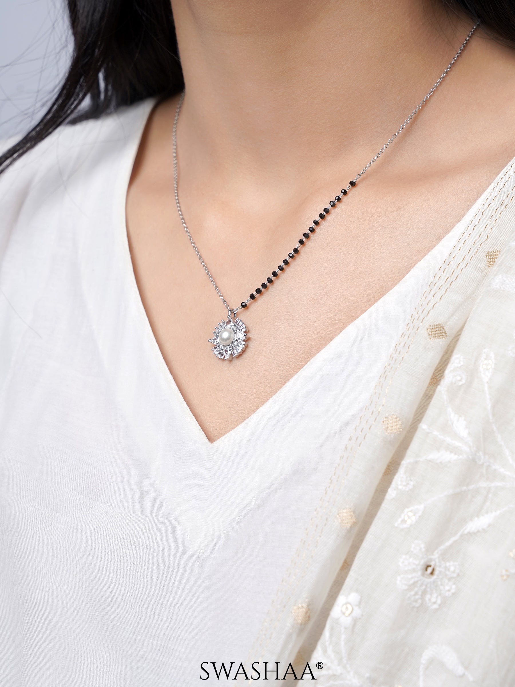 Riddhi Flower Pearl Diamond Pendant Silver Mangalsutra