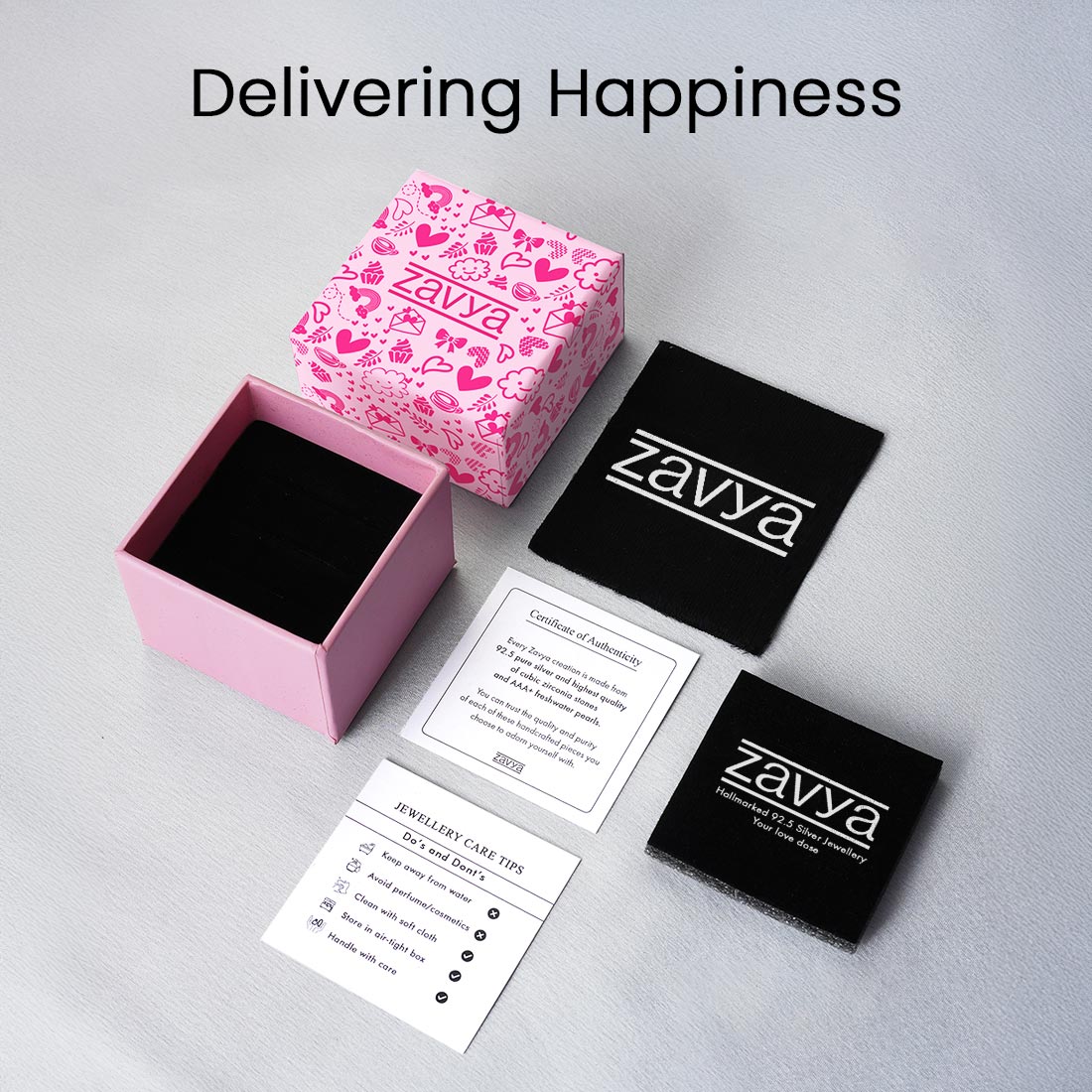 Pink gift box, pouch, and authenticity card for a 925 Sterling Silver men's ring. Perfect gift for him – Zavya