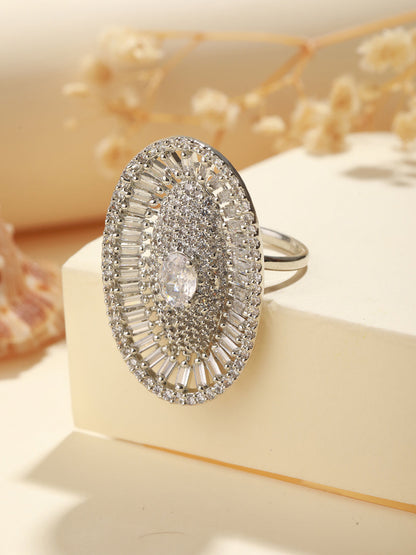Priyaasi Oval Elegance American Diamond Silver-Plated Cocktail Ring