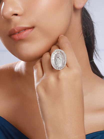 Priyaasi Oval Elegance American Diamond Silver-Plated Cocktail Ring