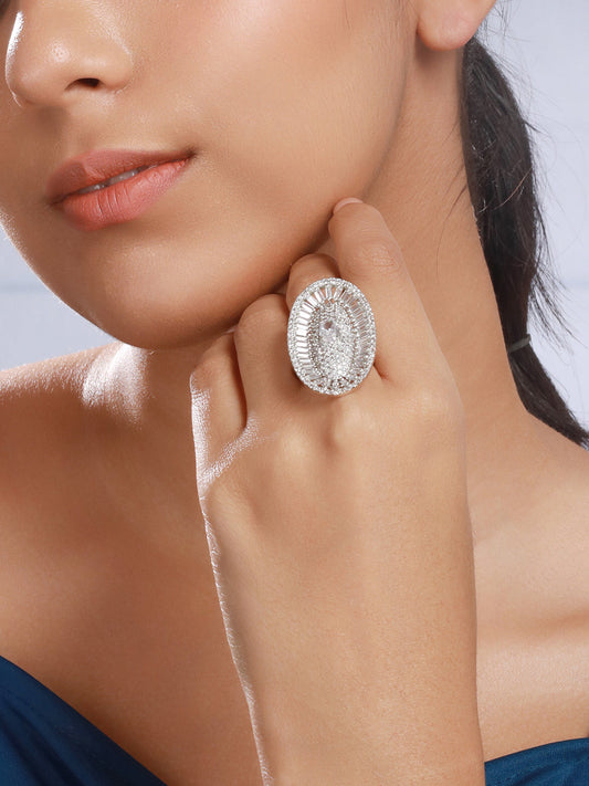 Priyaasi Oval Elegance American Diamond Silver-Plated Cocktail Ring