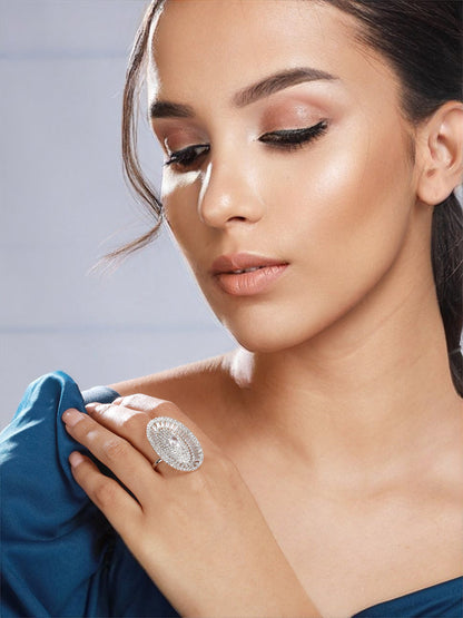 Priyaasi Oval Elegance American Diamond Silver-Plated Cocktail Ring