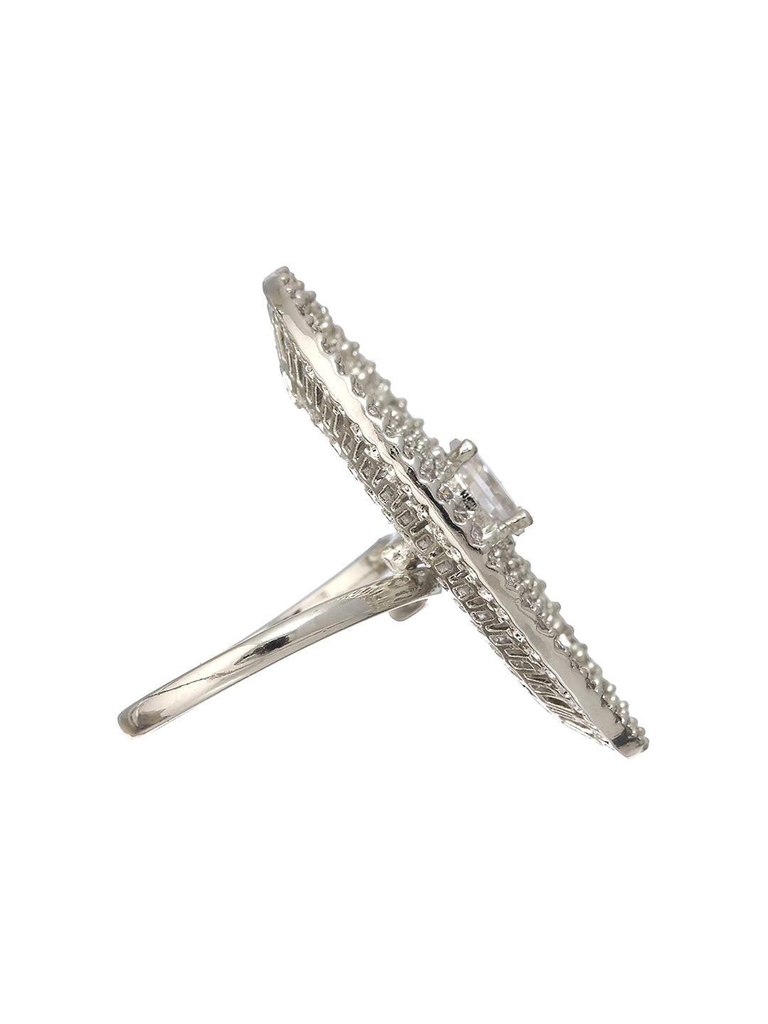 Priyaasi Oval Elegance American Diamond Silver-Plated Cocktail Ring