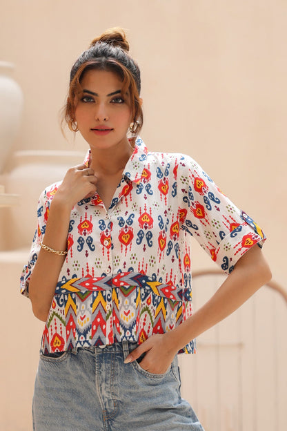Roll-Up Sleeve Geometric Shirt Top