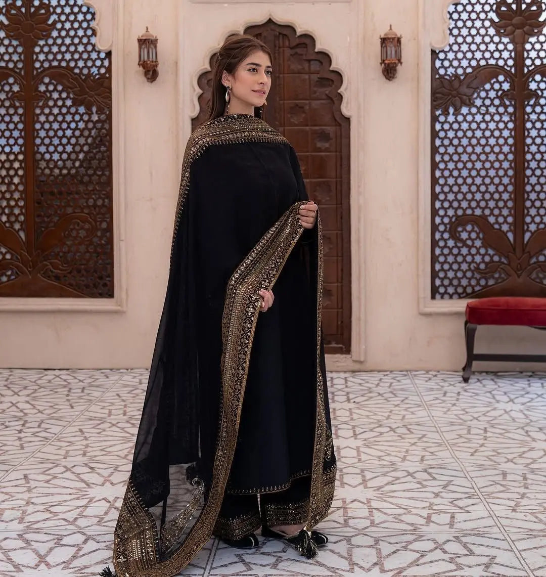 Roman Silk Embroidery Work Designer 3 Pc Kurti Palazzo Dupatta Set Ethenika.com