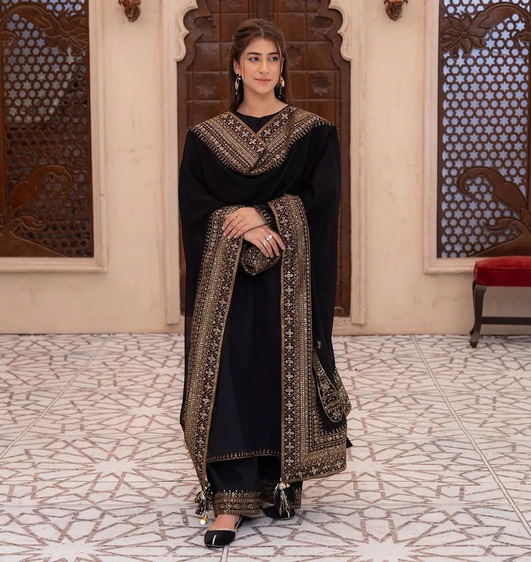 Roman Silk Embroidery Work Designer 3 Pc Kurti Palazzo Dupatta Set Ethenika.com