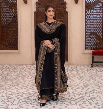 Roman Silk Embroidery Work Designer 3 Pc Kurti Palazzo Dupatta Set Ethenika.com