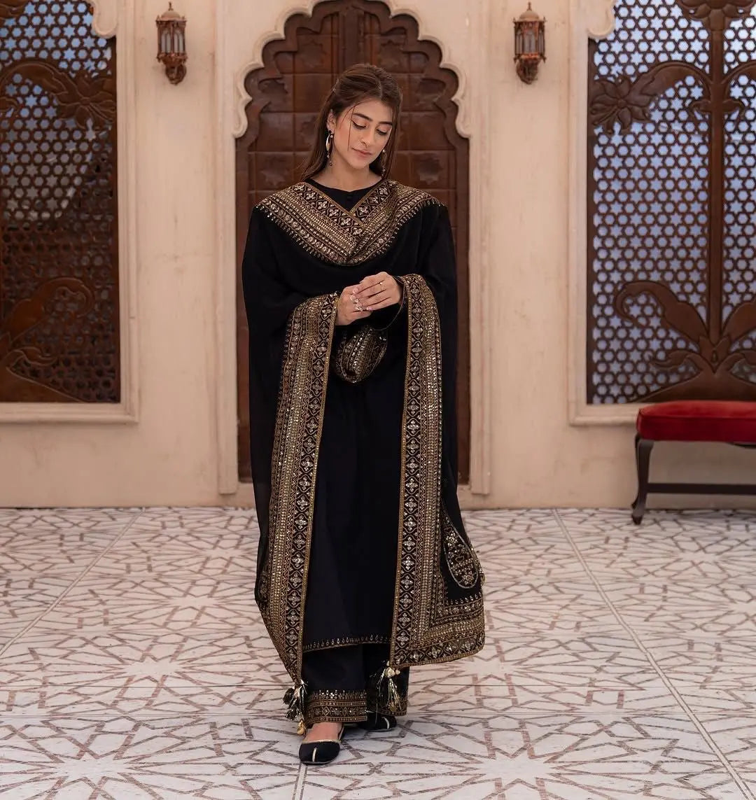 Roman Silk Embroidery Work Designer 3 Pc Kurti Palazzo Dupatta Set Ethenika.com
