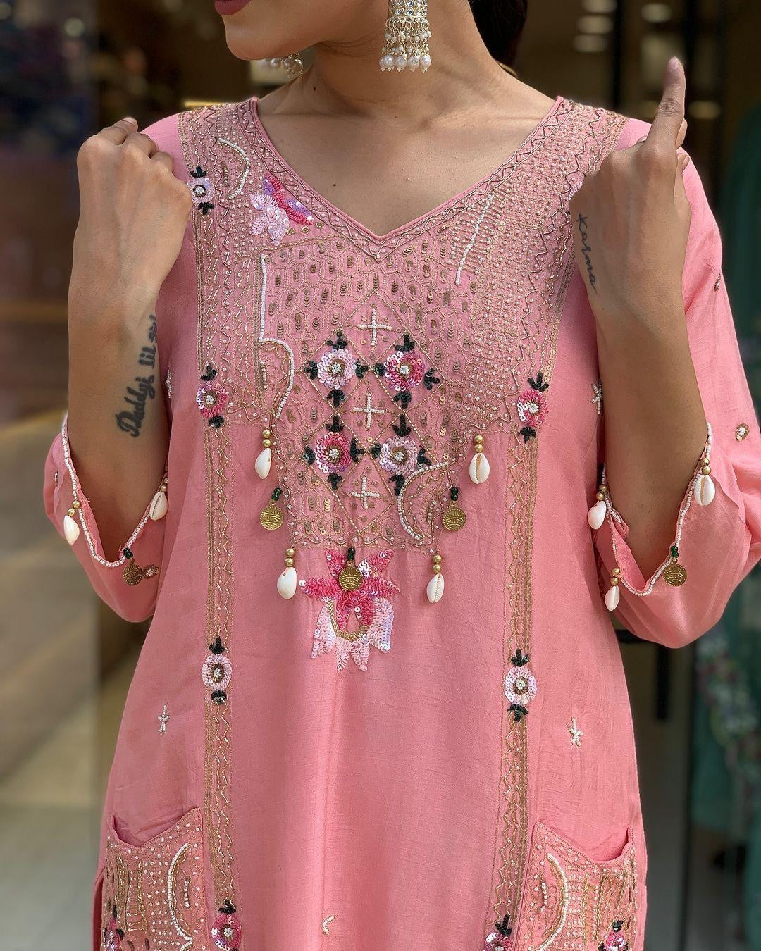 Roman Silk Original Kodi work with Hand Stone Thread Embroidery Work Summer Special Kurti Pant Dupatta Set (Fully Stitched) - Premium  from Ethenika.com  - Just INR 2990! Shop now at Ethenika.com 
