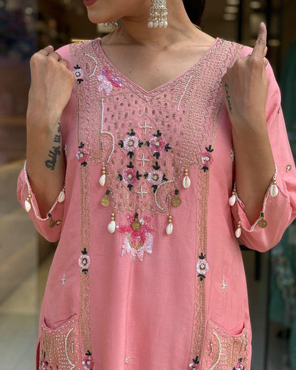 Roman Silk Original Kodi work with Hand Stone Thread Embroidery Work Summer Special Kurti Pant Dupatta Set (Fully Stitched) - Premium  from Ethenika.com  - Just INR 2990! Shop now at Ethenika.com 