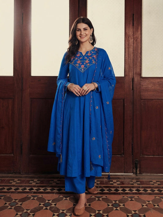Royal Blue Cotton Traditional Anarkali Set with Dupatta for Women