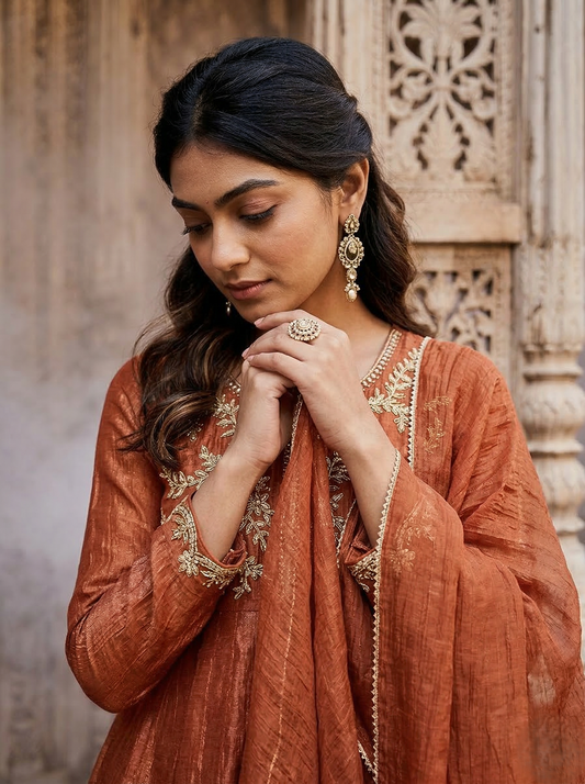 Rust Silk  Embroidered Peplum Kurta Set with Palazzo & Dupatta