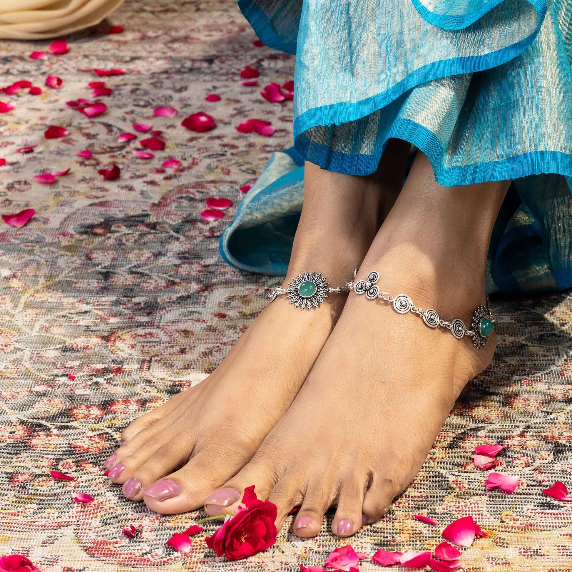 Spiral Motifs Green Stone Anklets
