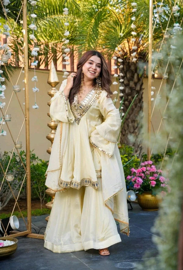 Ivory Mirror-Work Anarkali Sharara Set with Dupatta
