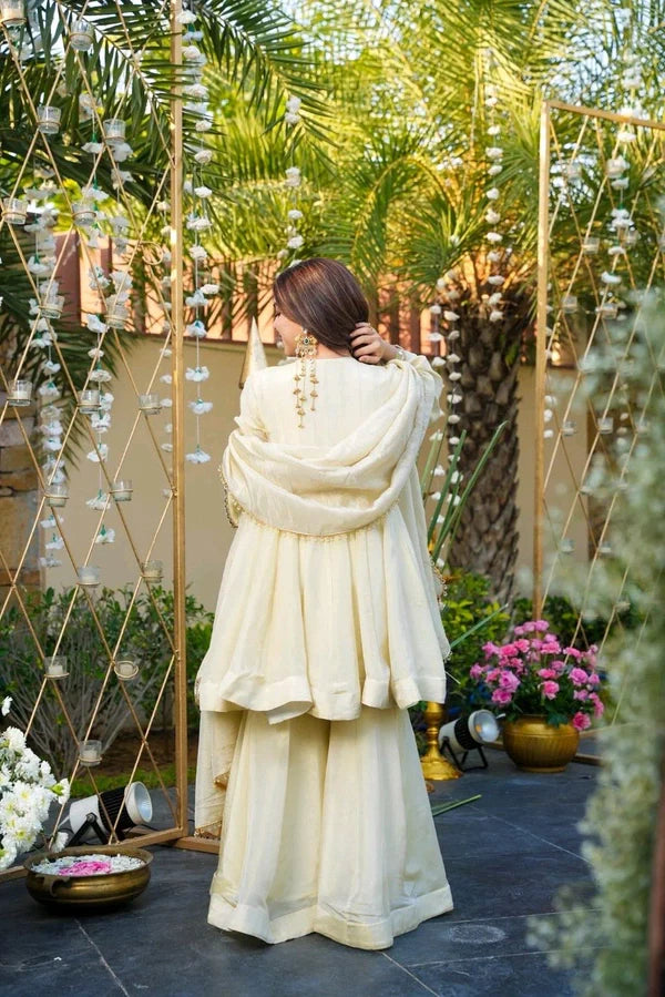 Ivory Mirror-Work Anarkali Sharara Set with Dupatta