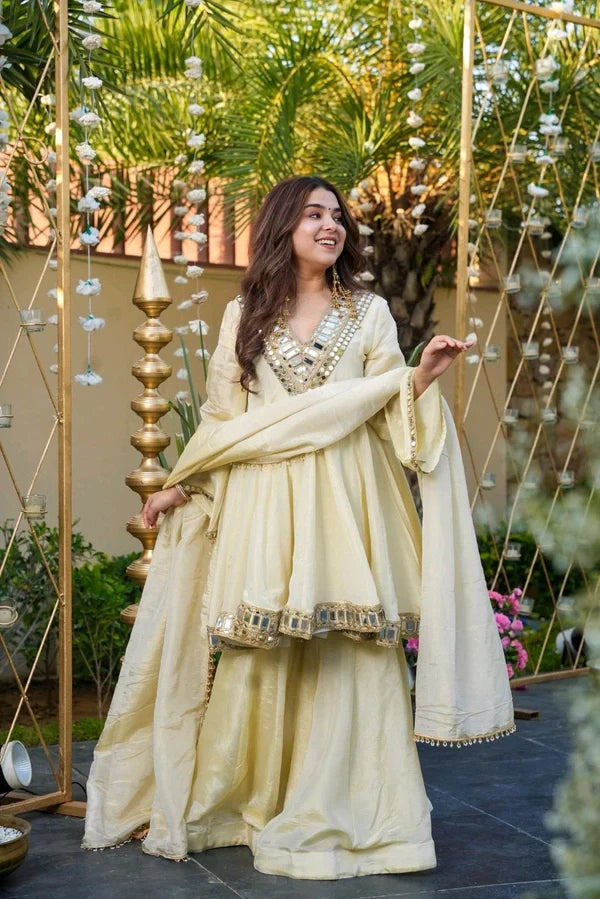 Ivory Mirror-Work Anarkali Sharara Set with Dupatta